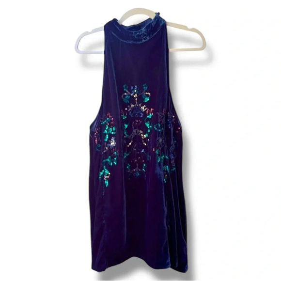 FREE PEOPLE Gorgeous Blue Velvet Sequin Swing Dress  Size M Sleeveless - Picture 1 of 10